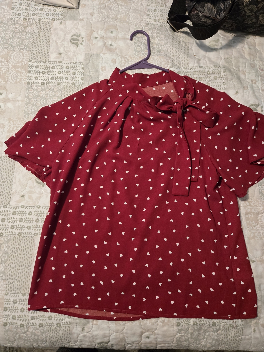 Red Tie-Neck Heart Print Blouse for Women